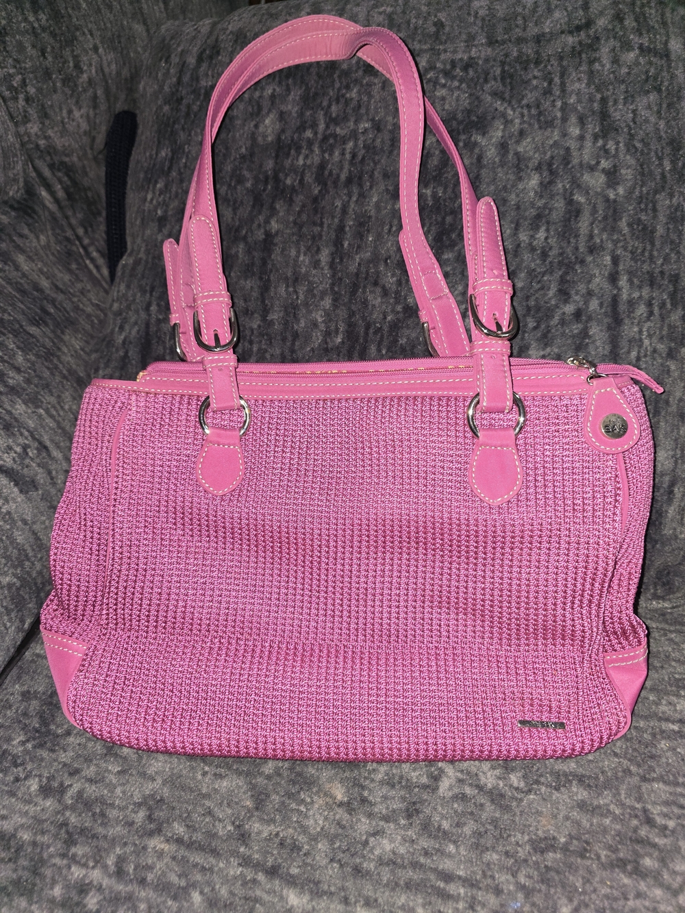 The Sak Hot Pink Crochet Knit Shoulder Bag Purse Leather Straps Y2K
